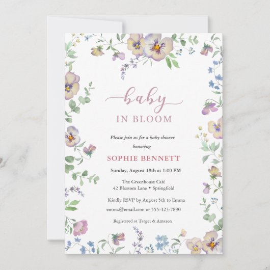Baby in Bloom Watercolor floral Viola Invitation (Devant)