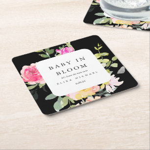 Baby in Bloom Waterverf Floral Baby shower Black Vierkante Kartonnen Onderzetter