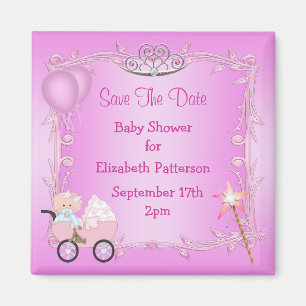 Baby in carriage roze Baby shower Save the Date Magneet