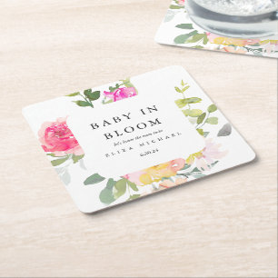 Baby in de Waterverf Bloom Floral Baby shower Vierkante Kartonnen Onderzetter