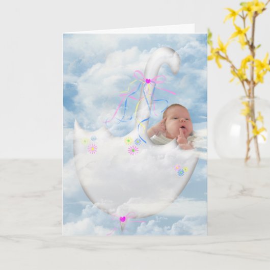 Baby in een zwevende paraplu kaart (Gele Bloem)