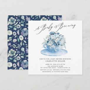 Baby is Brewing Blue Floral Baby Tea Invitation Kaart