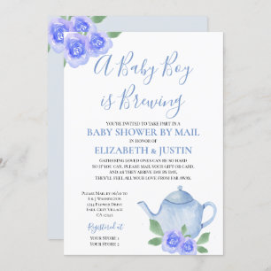 Baby is Brewing Blue Teapot Baby shower per post Kaart