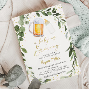 Baby Is Brewing Greenery Gold Baby Shower Kaart