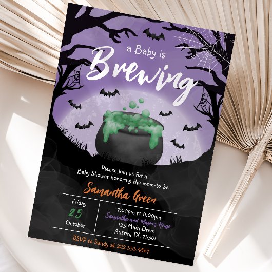 Baby is Brewing Paarse Halloween Baby Shower Kaart