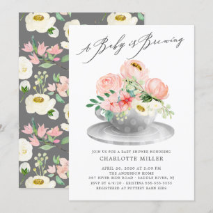 Baby Is Brewing Roze Pioen Rozen Bloemen Baby Thee Kaart