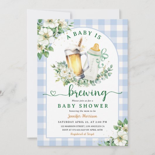 Baby is Brouwen Bier Baby shower Boy Blue Gingham Kaart (Voorkant)