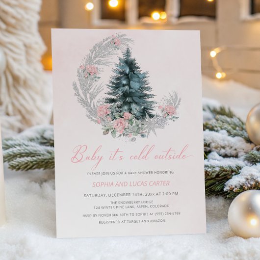 Baby it’s Cold Outside Pink Winter Baby Shower Kaart