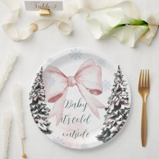 Baby It's Cold Outside Roze Strik Baby Shower Papieren Bordje