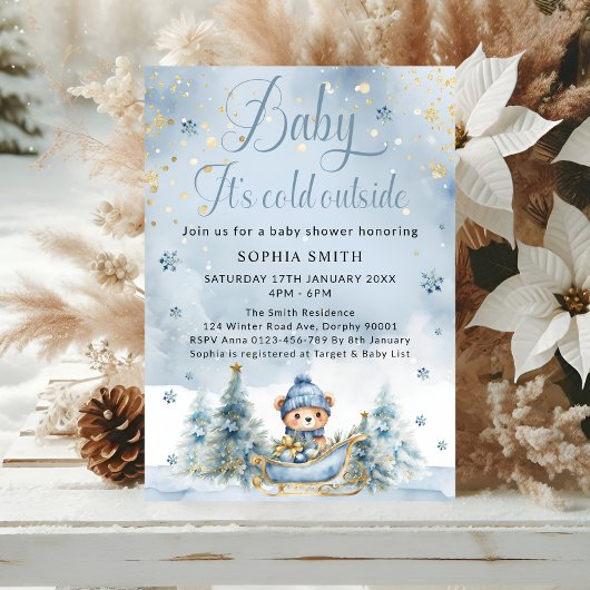 Baby It's Cold Outside Winter Bear │Blauw Goud Kaart
