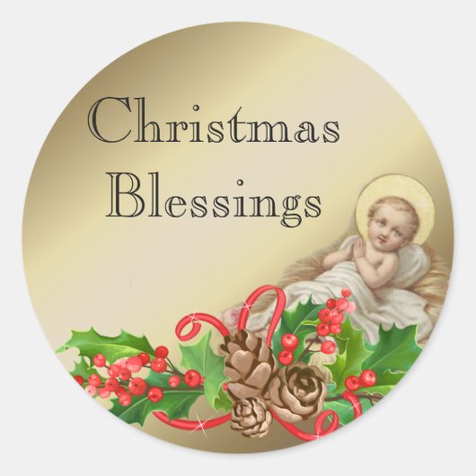 Baby Jesus in Manger Kerst Zegeningen Bloemen Ronde Sticker (Voorkant)