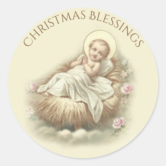 Baby Jesus in Manger Kerst Zegeningen Rozen Ronde Sticker (Voorkant)