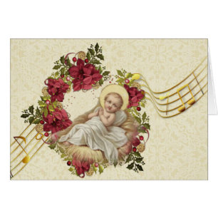 Baby Jesus in Manger Noël Floral Notes musicales
