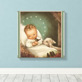 Baby Jesus met lam & vogel in kribbe Canvas Afdruk (Insitu (Houten vloer))