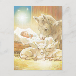 Baby Jesus Natitivity met Lambs en Donkey Briefkaart