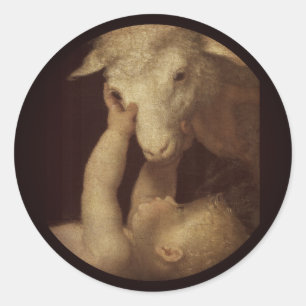 Baby Jesus Touches Lamb Ronde Sticker