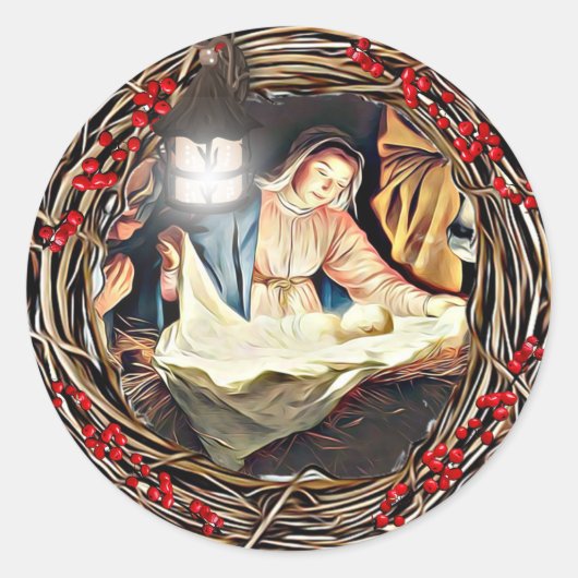Baby Jezus en Maagd Mary Natitivity Kerstmis Ronde Sticker (Voorkant)