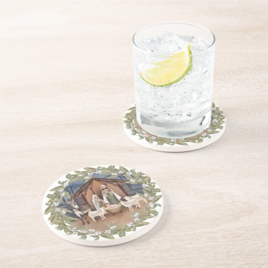 Baby Jezus in de Manger Nativiteit  Zandsteen Onderzetter (Zijkant)