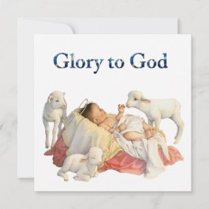Baby Jezus in een kribbe met lammetjes Eer aan God Feestdagenkaart