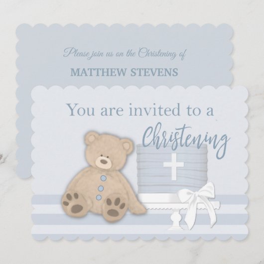 Baby Jongen Blauw Dopen Uitnodiging Taart Teddy Be (Voorkant / Achterkant)