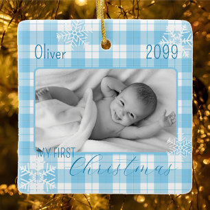Baby jongen blauw plaid sneeuwvlok eerste kerst keramisch ornament