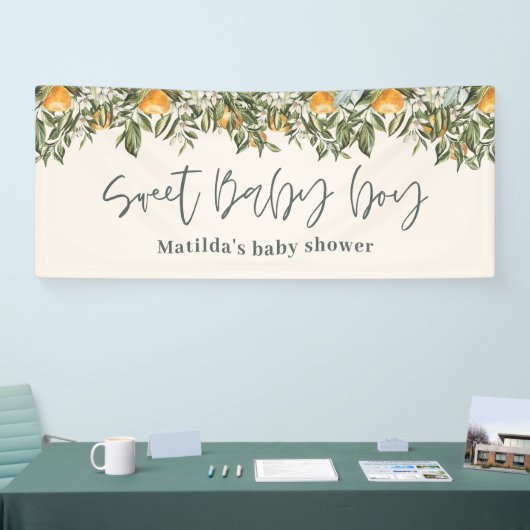 Baby jongen douche citrus sinaasappel botanisch ge spandoek (Beurs)
