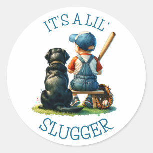 Baby jongen en hond   Lil Slugger   Baby Shower Ronde Sticker