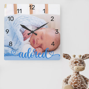 Baby Jongen Foto Blauwe Adored Calligrafie Slaapka Vierkante Klok