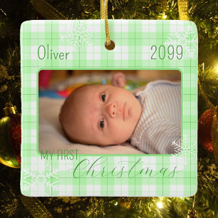 Baby jongen groen plaid sneeuwvlok eerste kerst keramisch ornament