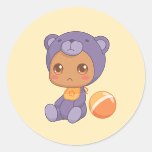 Baby Jongen Meisje Paarse Beer Overall op Geel Ronde Sticker