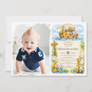 Baby Jongen Schattige Dieren Noachs Ark Doop Foto Kaart