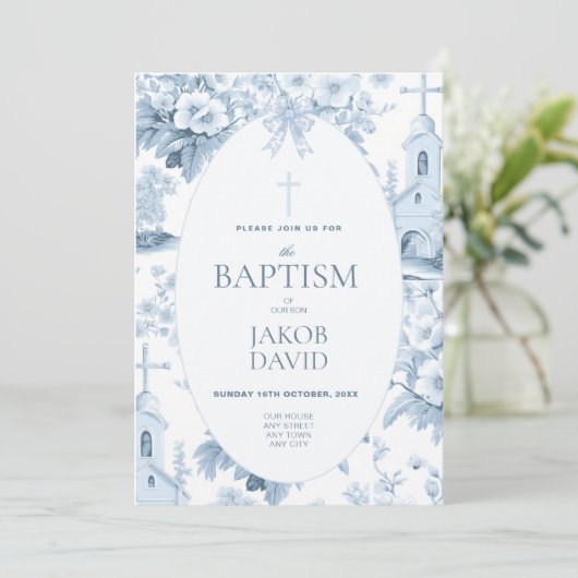 Baby Jongens Blauwe Bloemen Toile Doop Kaart (Staand voorkant)
