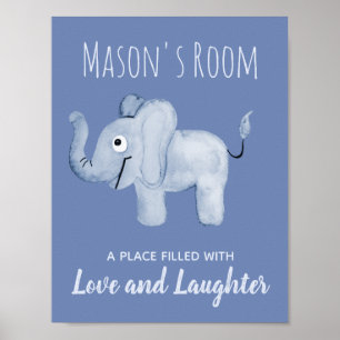 Baby Jongens Blauwe Waterverf Olifant Nursery Kuns Poster