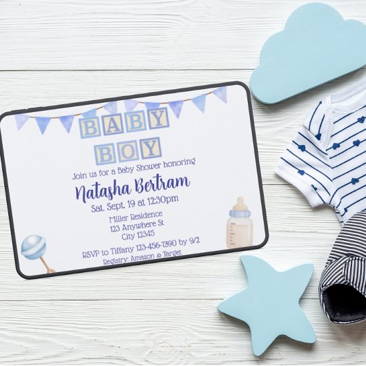 Baby Jongens Blokken, Blauwe Waterverf Baby Shower Kaart