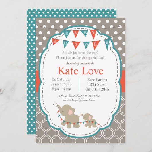 Baby Joy Elephant Shower Invitation - Orange/Turqu (Devant / Derrière)