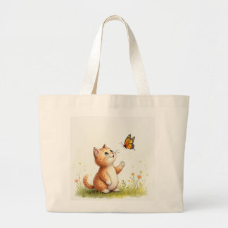 Baby kat en vlinder grote tote bag