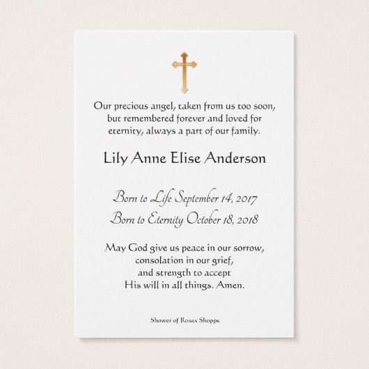 Baby-katholieke herdenkingsplechtigheid voor de He Visitekaartje (Achterkant)