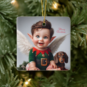 Baby Kerst Elf en Dachshund Kaart Keramisch Ornament