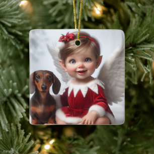 Baby Kerst Elf en Dachshund Kaart Keramisch Ornament