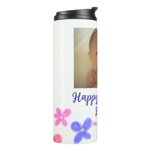 Baby kinder 1e verjaardag Naam toevoegen Datum toe Thermosbeker (Gedraaid links)