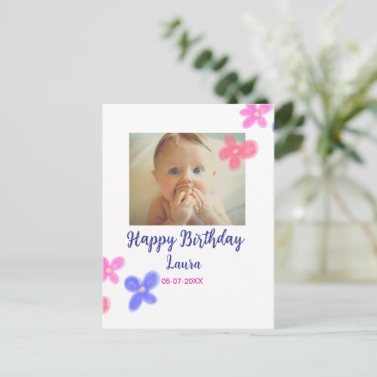 Baby kinderen 1e verjaardag naam datum toevoegen f briefkaart (Staand voorkant)