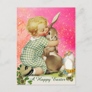 BABY KNUFFELEN PAASHAAS IN ROZE FUCHSIA SPARKLES FEESTDAGENKAART