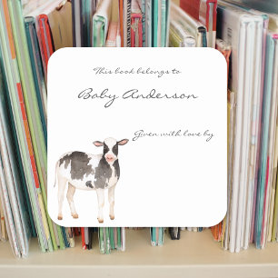 Baby koe kalf baby shower boekenplaat vierkante sticker