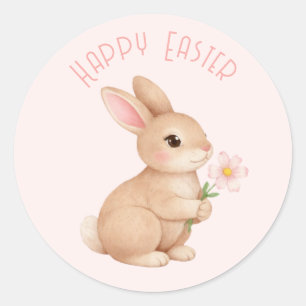 Baby Konijn met Roze Bloem Gelukkig Pasen Ronde Sticker
