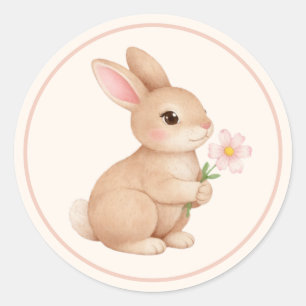 Baby Konijn met Roze Bloem Ronde Sticker