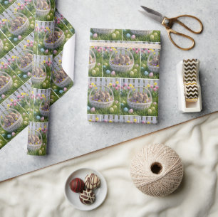 Baby konijnen in een paasmand op gras cadeaupapier