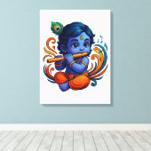 Baby Krishna met fluit – Peace Vibes | Levendig 3D Canvas Afdruk (Insitu (Houten vloer))