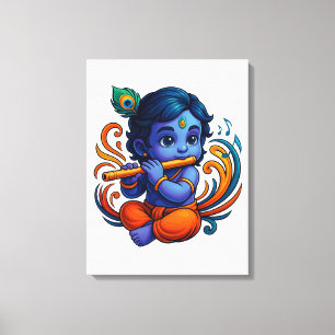 Baby Krishna met fluit – Peace Vibes   Levendig 3D Canvas Afdruk