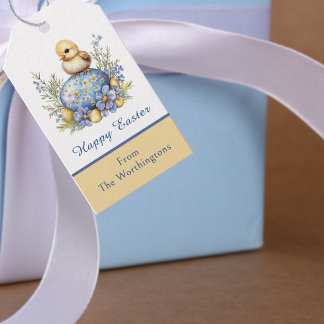Baby Kuiken Gelukkig Pasen Ei Blauw Geel Bloemen Cadeaulabel