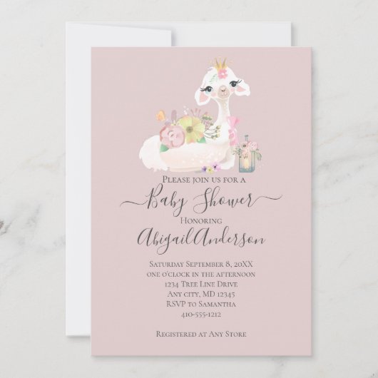 Baby Lama met Witte en Roze Bloemen Schattig Kaart (Voorkant)